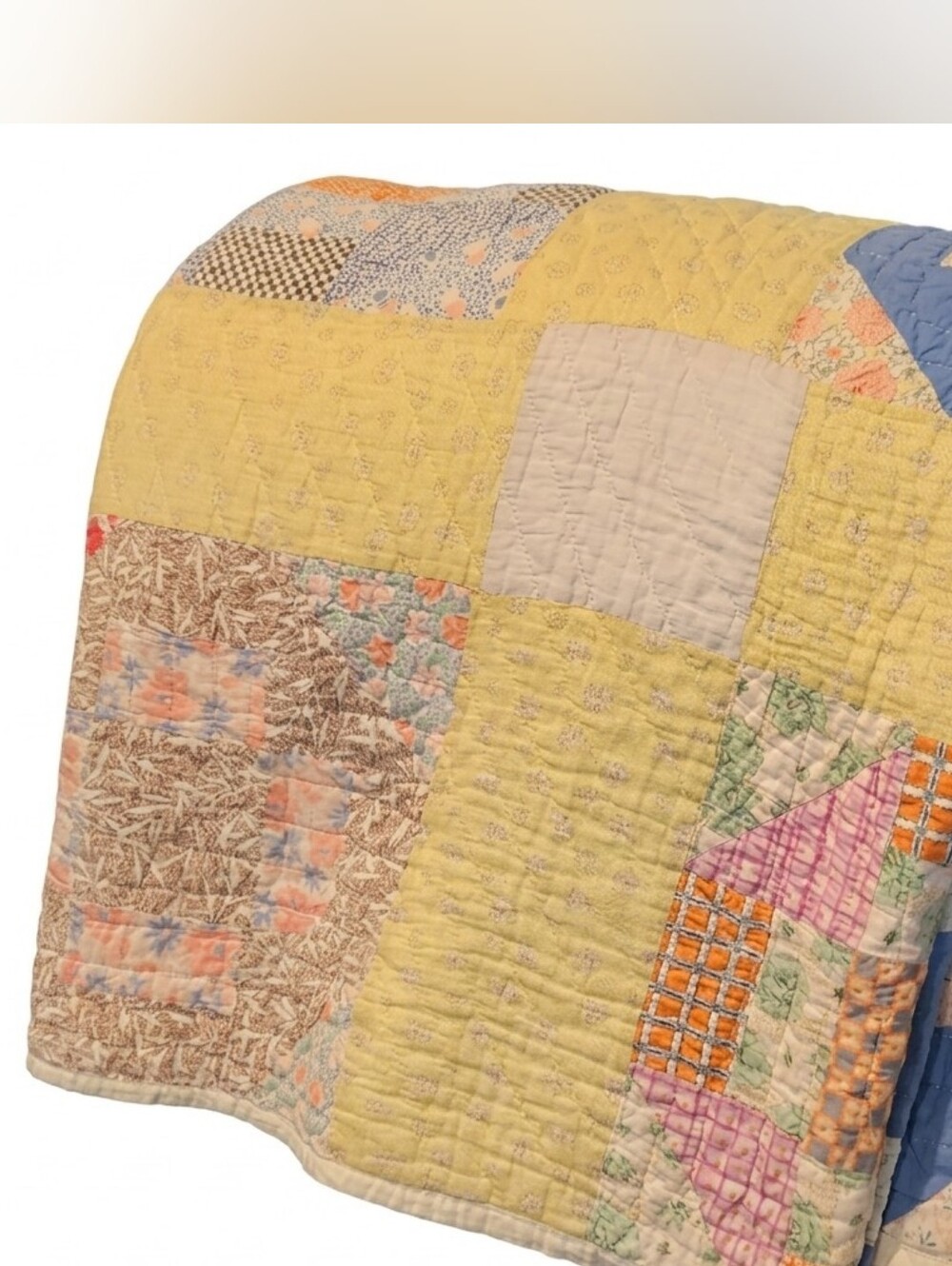 Vintage Yellow & Blue Old Crinkle Quilt - Picture 4 of 5